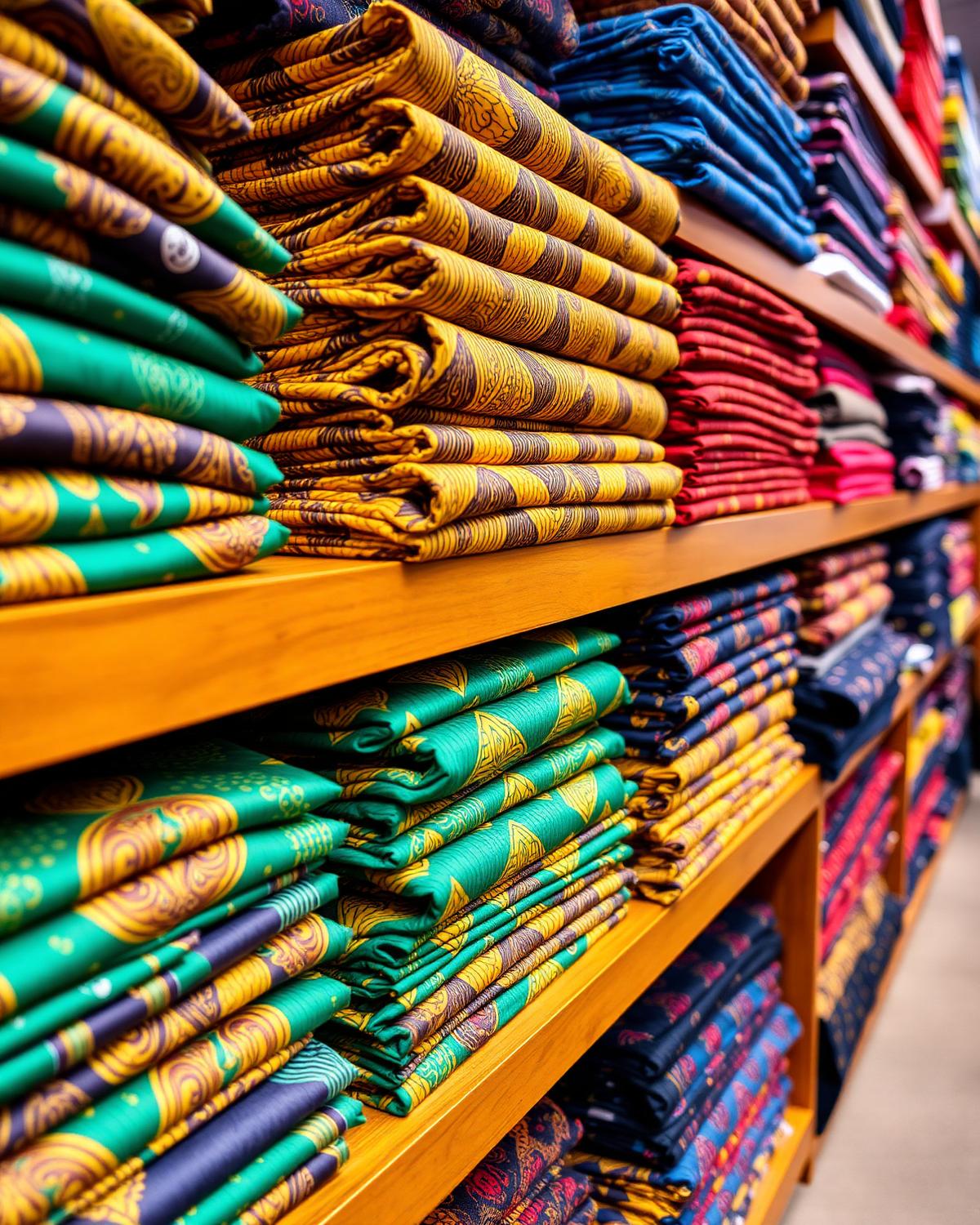 Bolts of African wax prints, satin and lace stacked inside the Blossom Holness fabric store on Castle Hill Ave